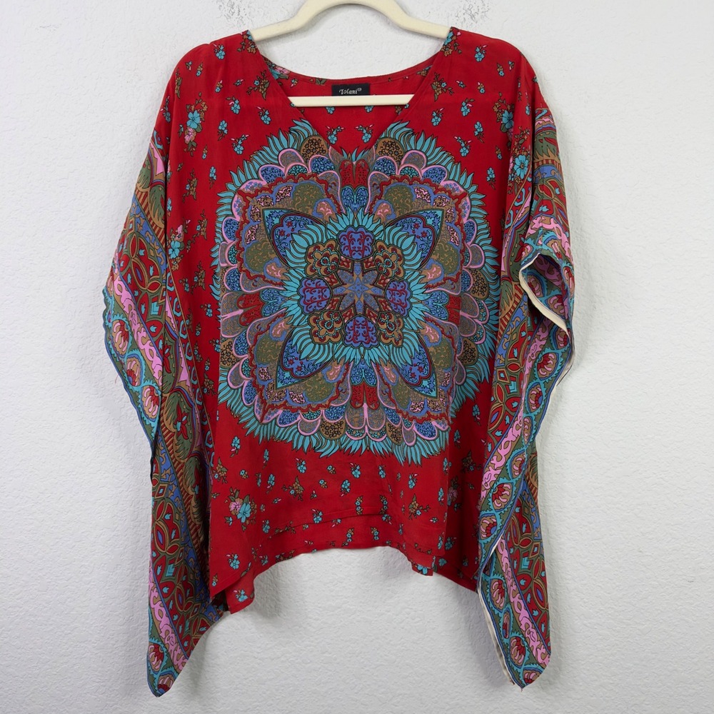 Tolani Shirt Womens S Red Colorful Silk Mandala Kaftan‎ Tunic Boho Hippie Artsy